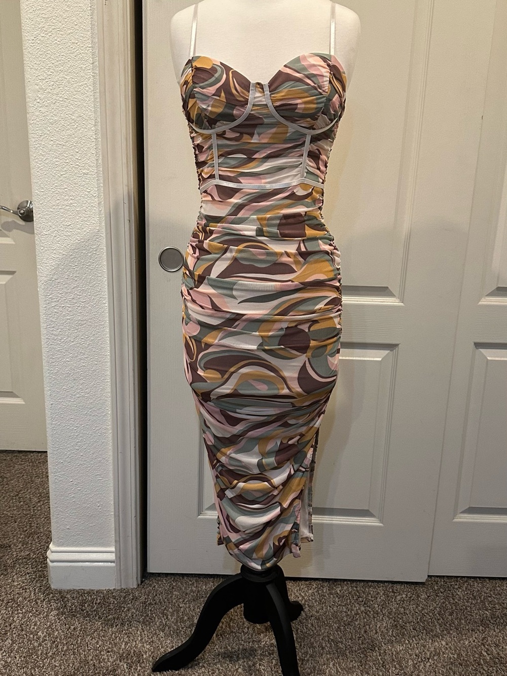 privy Ruched Strappy Midi Dress in Pink, Brown & Mustard Swirl